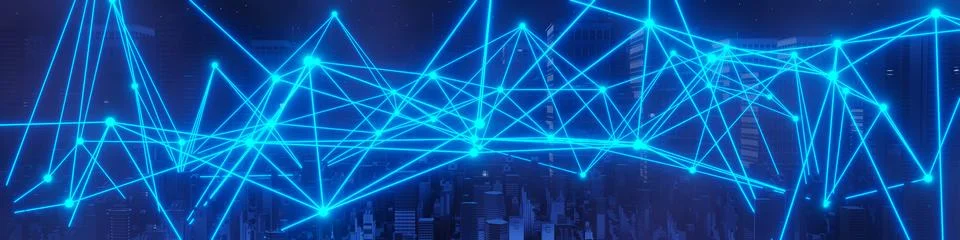 3d render of Cyber punk night city landscape concept. Light glowing on dark.. Stock Illustration