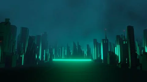 3d render of Cyber punk night city landscape concept. Light glowing on dark.. Stock Illustration