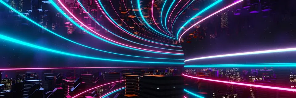 3d render of Cyber punk night city landscape concept. Light glowing on dark.. Stock Illustration