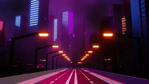 3d render of Cyber punk night city landscape concept. Light glowing on dark.. Stock Illustration