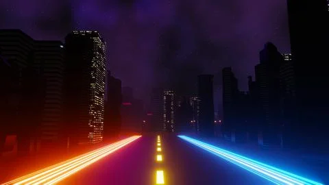 3d render of Cyber punk night city landscape concept. Light glowing on dark.. Stock Illustration