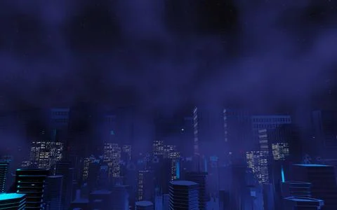 3d render of Cyber punk night city landscape concept. Light glowing on dark.. Stock Illustration