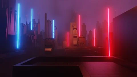 3d render of Cyber punk night city landscape concept. Light glowing on dark.. Stock Illustration