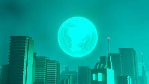 3d render of Cyber punk night city landscape concept. Light glowing on dark.. Stock Illustration