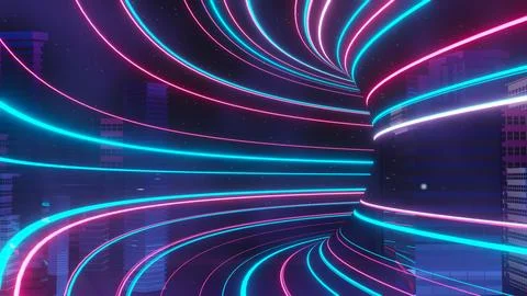 3d render of Cyber punk night city landscape concept. Light glowing on dark.. Stock Illustration
