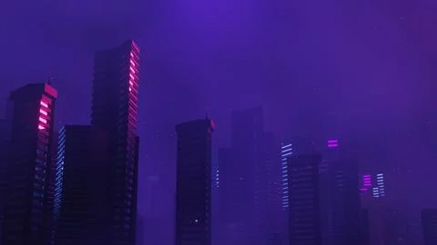 3d render of Cyber punk night city landscape concept. Light glowing on dark.. Stock Illustration