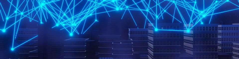 3d render of Cyber punk night city landscape concept. Light glowing on dark.. Stock Illustration