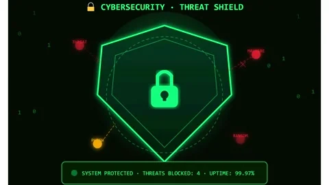 3D render of cyber security shield creating digital protection background Stockbeeldmateriaal 335207262