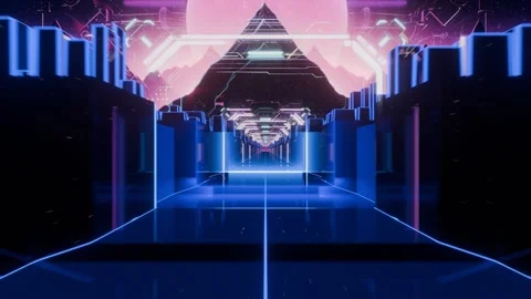 3d render cybernetic pyramid, glowing holographic digital view, glass corridor Stock Footage 274563025