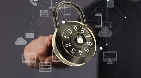 A 3D render Cybersecurity and information or network protection. Future techn Stock Photos