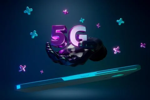 3d render. Cyberspace. Hand holding 5G letters. bottom phone Stock Illustration