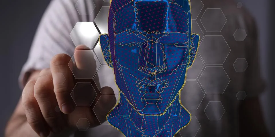 3d render of a cyborg head construction, Polygonal human face Stock Photos