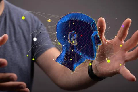 3d render of a cyborg head constructionAbstract polygonal human face, Stock Photos