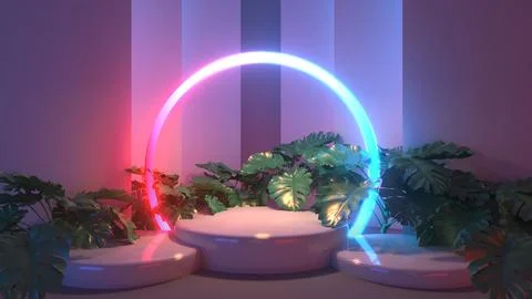 3D render dark blue and red neon lighting on podium have green leaf nature .. Stock Illustration