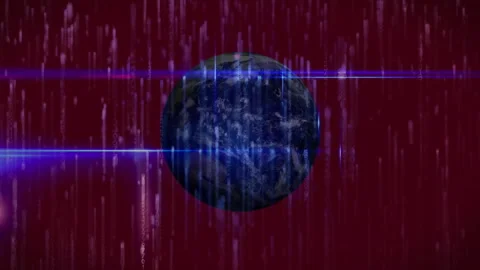 3D render dark blue globe rotating within neon code streams, projecting Stock Footage 307885012