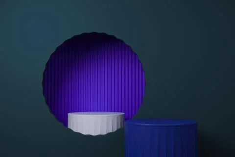 3D render Dark blue podium on a black background with a circular cutout Stock Illustration