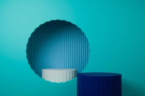3D render Dark blue podiums on a vibrant cyan background with a circular arch Stock Illustration