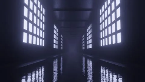 3d render dark corridor with bright windows Stock Illustration