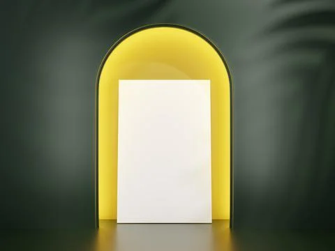 3d render dark green wall mockup. Poster on a yellow background. Design for p Stock Illustration