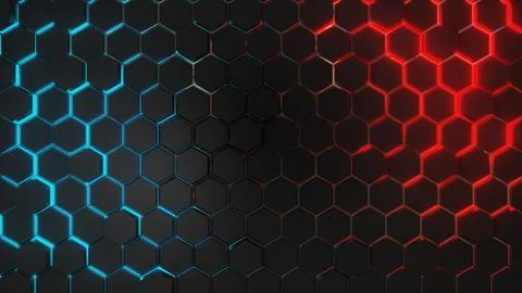 3D render Dark grey hexagon abstract technology background with blue and re.. Stock Illustration