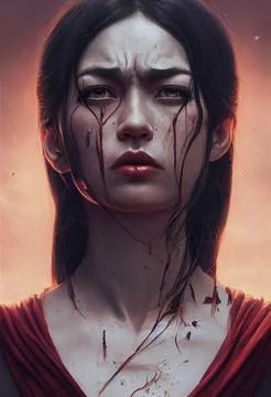 3D render of a dark-haired fantasy angel with a gloomy expression, on her quest Illustrazione stock