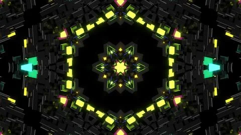 3d render. Dark neon kaleidoscope. 4k dark background with abstract symmetrical Stock Illustration