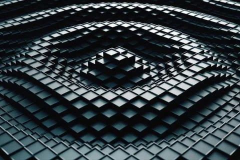 3d render. Dark plastic cubic surface in wave motion. Abstract 3d illustratio Stock Illustration
