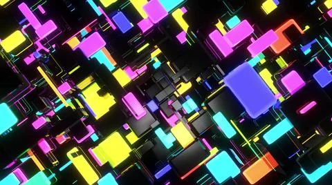 3d render. Dark science fiction background. Abstract dark background neon cubes 스톡 일러스트