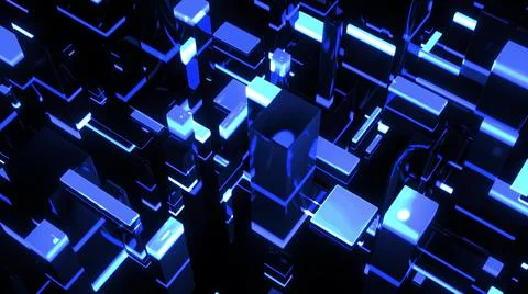 3d render. Dark science fiction blue background. Abstract dark bg neon cubes 스톡 일러스트