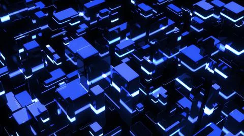 3d render. Dark science fiction blue background. Abstract dark bg neon cubes 스톡 일러스트