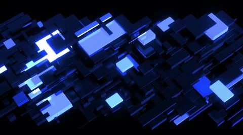 3d render. Dark science fiction blue background. Abstract dark bg neon cubes Stock Illustration