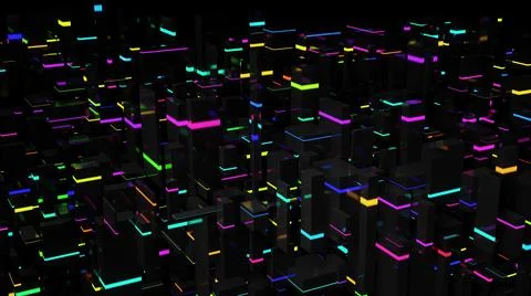 3d render. Dark science fiction background. Abstract dark background neon cubes Stock Illustration