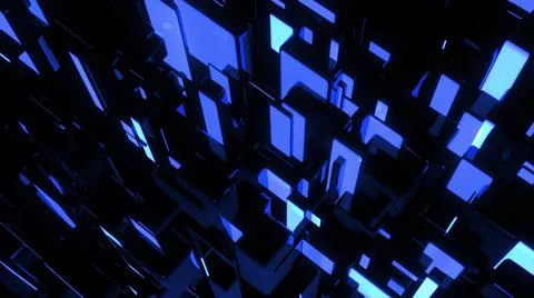 3d render. Dark science fiction blue background. Abstract dark bg neon cubes Stock Illustration