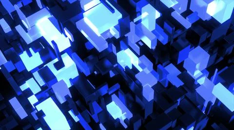 3d render. Dark science fiction blue background. Abstract dark bg neon cubes Stock Illustration