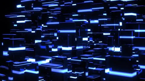 3d render. Dark science fiction blue background. Abstract dark bg neon cubes Stock Illustration