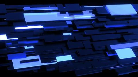 3d render. Dark science fiction blue background. Abstract dark bg neon cubes Illustrazione stock