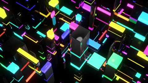 3d render. Dark science fiction background. Abstract dark background neon cubes イラスト素材