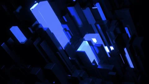 3d render. Dark science fiction blue background. Abstract dark bg neon cubes Illustrazione stock