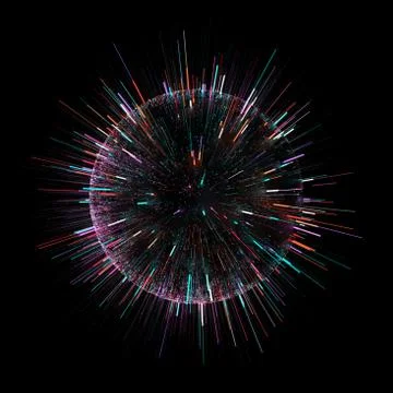3d render of dark sphere with colorful particles are being emitted from. Fast Stock Illustration