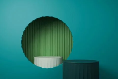3D render Dark teal podiums on a light gray background with a circular arch Stock Illustration