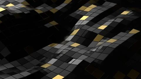 3d render of dark wavy surface segmented into squares. Dark and gold segments Stock Illustration