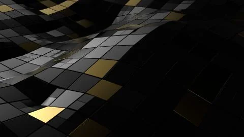 3d render of dark wavy surface segmented into squares. Dark and gold segments Stock Illustration