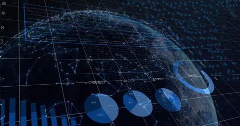 3D render data analysis scene showing rotating blue globe overlaying live charts Vídeos de archivo 309255430
