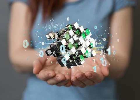 3D render Data cloud storage network from lines, triangles and particle style de Illustrazione stock