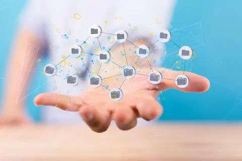 3D render of data cloud storage network over man's hand Stock Photos