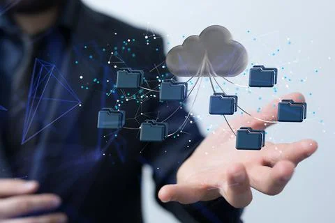 3D render of data cloud storage network over man's hand Stock Photos