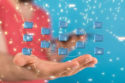 3D render of data cloud storage network over man's hand Stock Photos