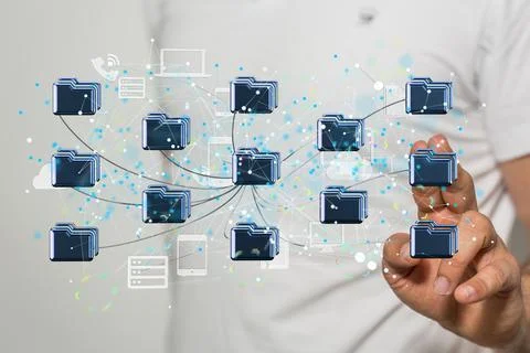 3D render of data cloud storage network from lines, triangles and particle style Stock Photos