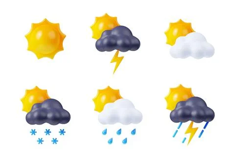 3D render day weather icons set, sun, cloud, flash Stock Illustration