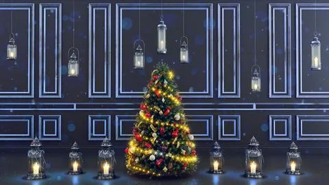3D render of Decorated Christmas tree on blurred blue background. new year co Stock Illustration